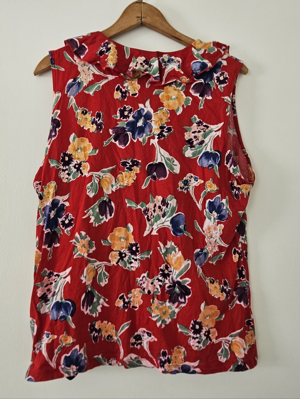 Chaps Womens Tank Top XXL Red Floral Boho Ruffle Cottage Tropical Cotton Peasant - Picture 4 of 8